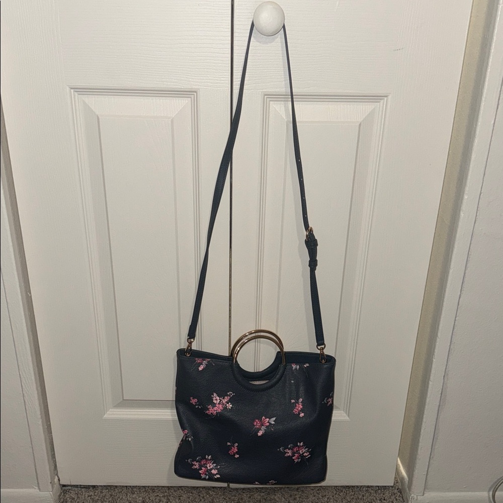 LC Lauren Conrad Navy Floral Tote with Gold Ring Handles - Picture 3 of 4